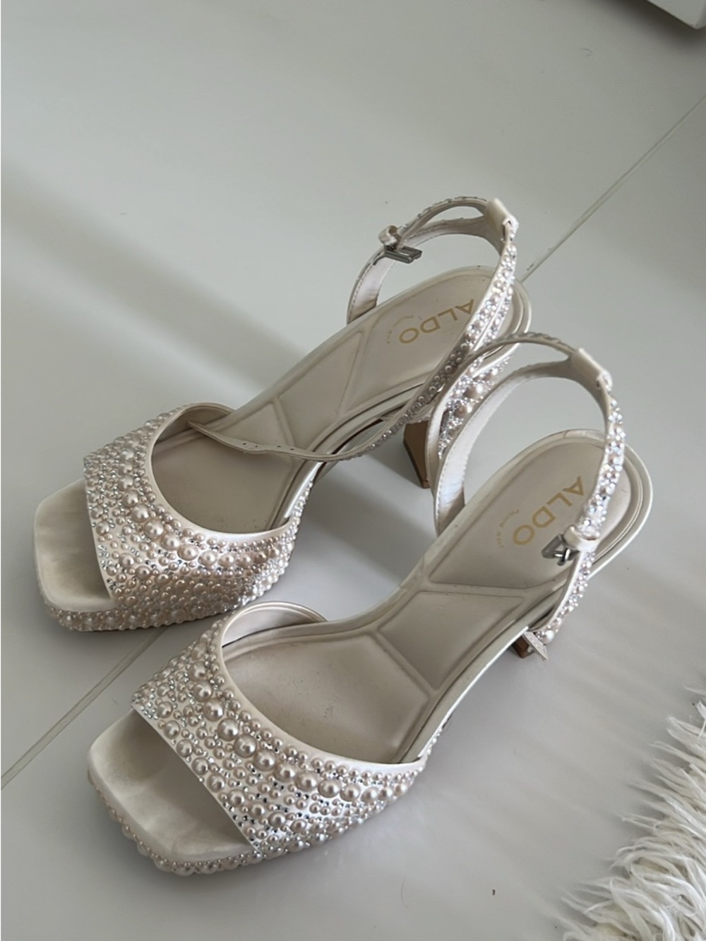 ALDO Champagne Pearl & Crystal Slingback Heels